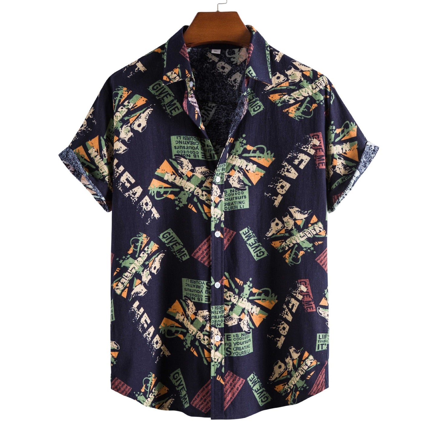 Vintage Letter Print Turn-down Collar Shirts Men Casual Short Sleeve Tops Summer Mens Button Loose Shirt Fashion Streetwear - Enfance-Heureuse