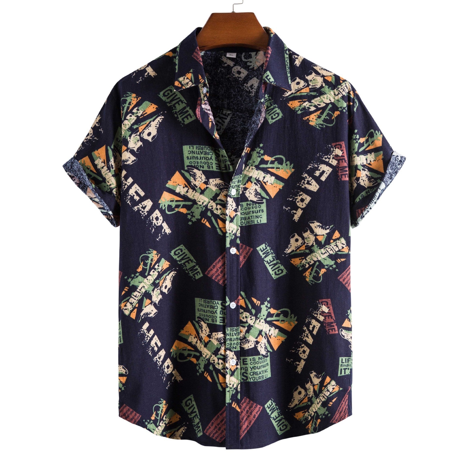 Vintage Letter Print Turn-down Collar Shirts Men Casual Short Sleeve Tops Summer Mens Button Loose Shirt Fashion Streetwear - Enfance-Heureuse