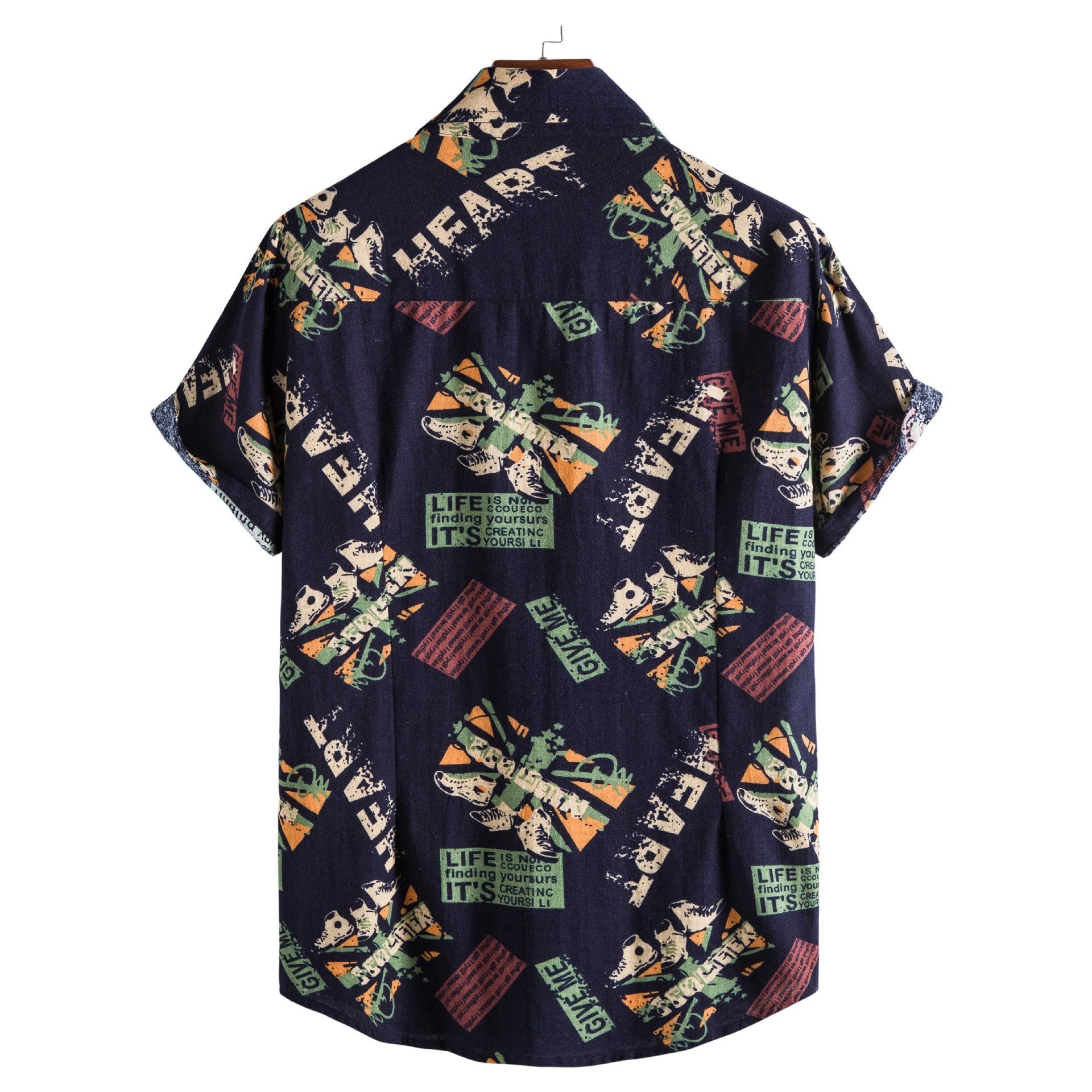 Vintage Letter Print Turn-down Collar Shirts Men Casual Short Sleeve Tops Summer Mens Button Loose Shirt Fashion Streetwear - Enfance-Heureuse