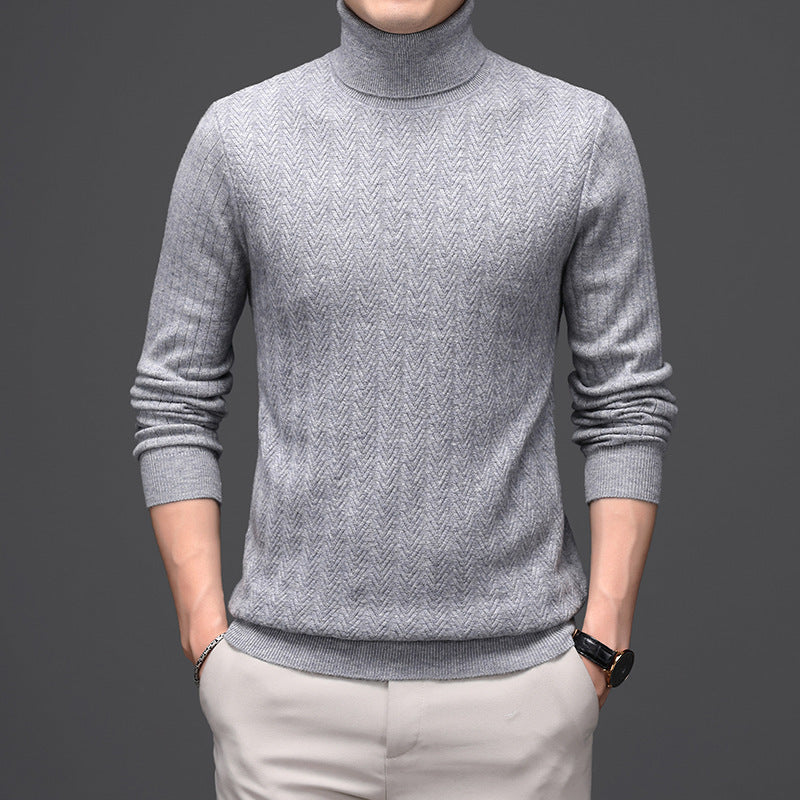 Pure Wool Mens High Neck Warm Sweater Thick Striped Pullover Sweater - Enfance-Heureuse