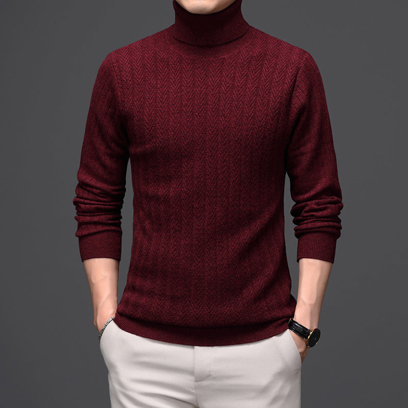 Pure Wool Mens High Neck Warm Sweater Thick Striped Pullover Sweater - Enfance-Heureuse