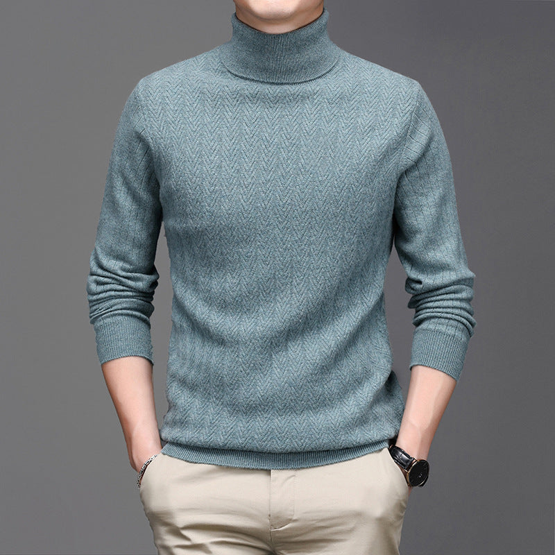 Pure Wool Mens High Neck Warm Sweater Thick Striped Pullover Sweater - Enfance-Heureuse