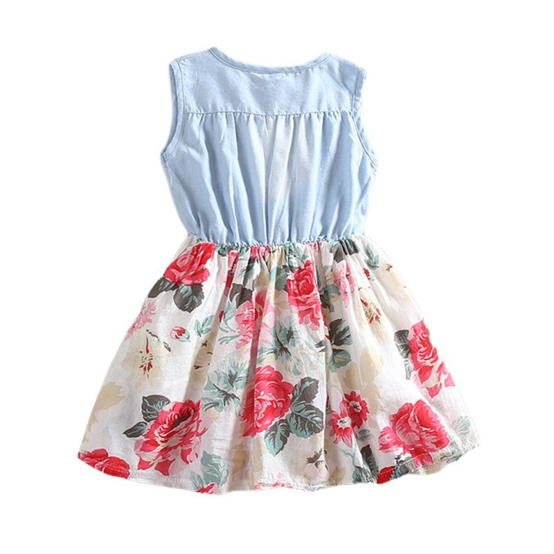 Summer Children Sleeveless Girl Denim Floral Dresses - Enfance-Heureuse