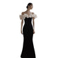 French Satin Evening Dress New Bridal Off-shoulder Elegant Fishtail Welcome Dress - Enfance-Heureuse