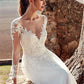 High U-neck Lace Long Sleeve A- Line Long Tail Simple Wedding Dress - Enfance-Heureuse