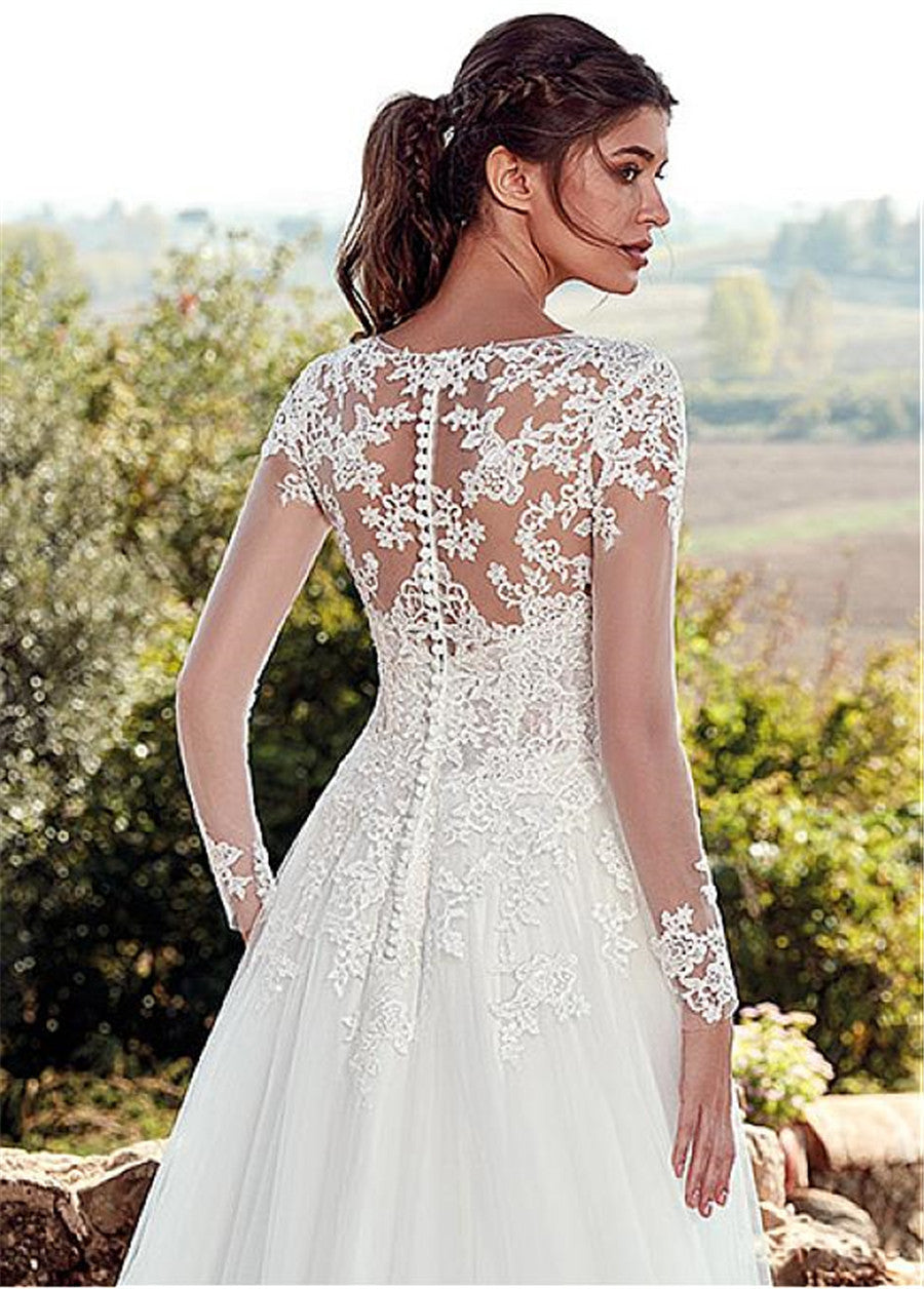 High U-neck Lace Long Sleeve A- Line Long Tail Simple Wedding Dress - Enfance-Heureuse