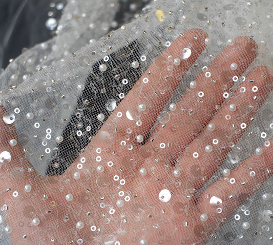 Sequined Pearl Embroidery Lace Asymmetric Single Sleeve Dress - Enfance-Heureuse