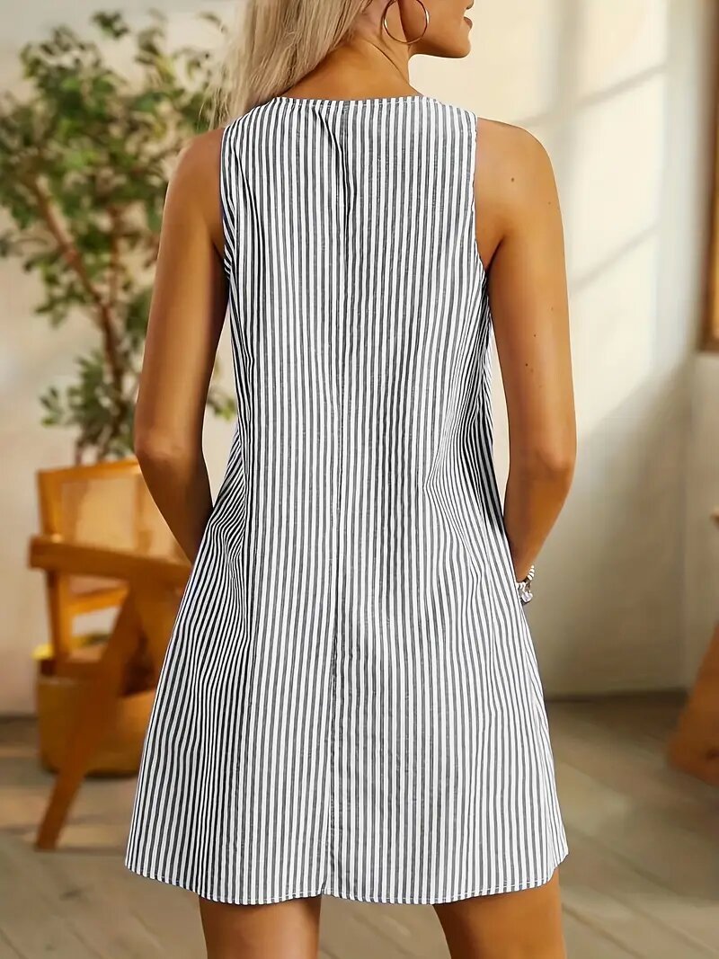 Summer Fashion Striped Patchwork Commuting U-Neck Sleeveless Pockets Back Button Casual Straight Slimming Mini Dress For Women - Enfance-Heureuse