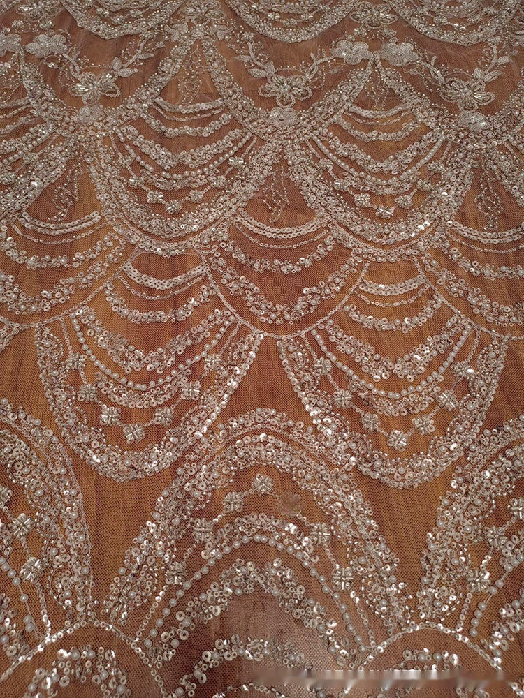 Wave Style Sequin Bead Lace Fabric Wedding Dress - Enfance-Heureuse