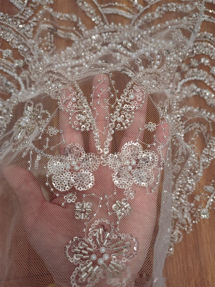 Wave Style Sequin Bead Lace Fabric Wedding Dress - Enfance-Heureuse