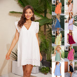Lace Dresses With Pocket Summer Sleeveless Jacquard Cutout V-Neck Beach Dress - Enfance-Heureuse