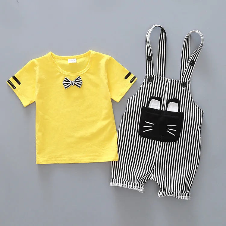 Factory direct handsome children's clothing Korean male baby cartoon strap two-piece suit cotton one generation A128 - Enfance-Heureuse