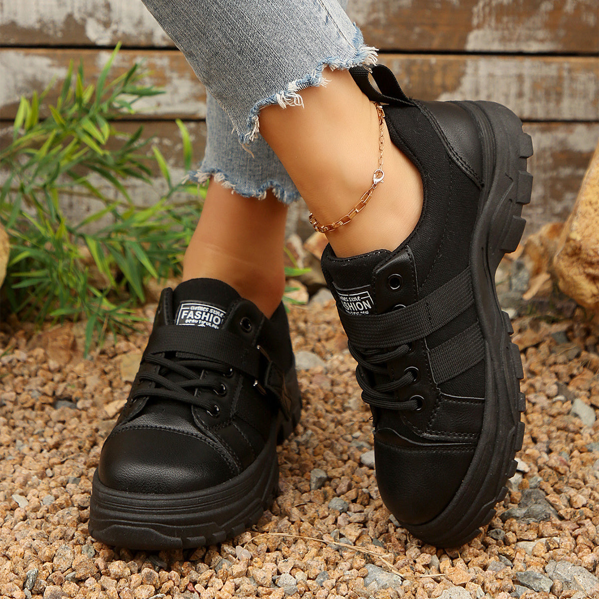 Lace-up Canvas Shoes With Hook Design Fashion Breathable Thick-soled Round-toe Casual Shoes For Women Sneakers - Enfance-Heureuse