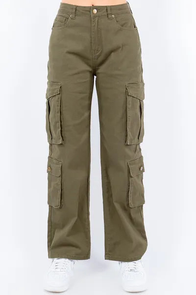 American Bazi Full Size Button Waist High Rise Cargo Pants Plus Size - Enfance-Heureuse