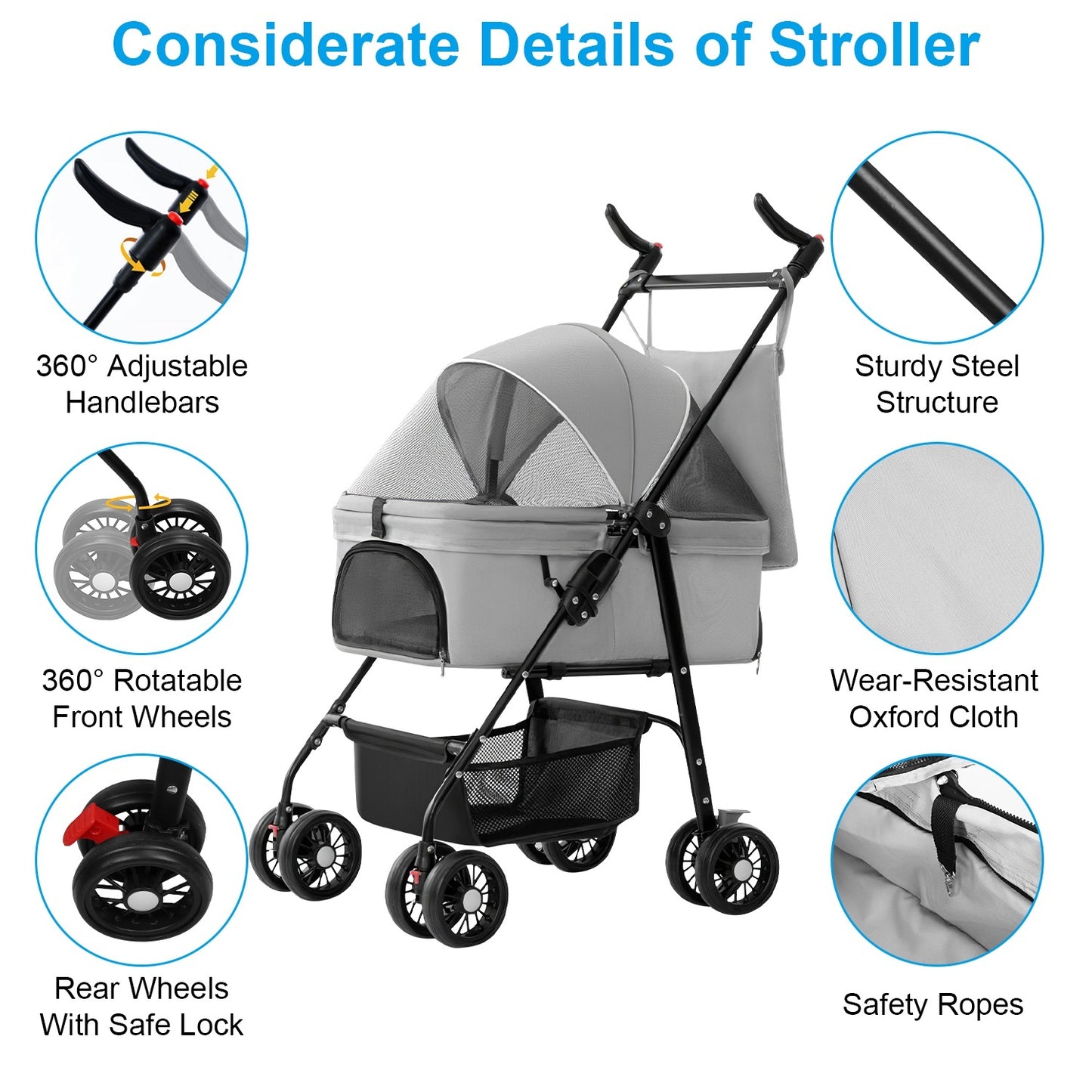 1Pc 4-Wheels Pet Stroller Foldable Carrier Strolling Cart Travel Jogger Pet Stroller With Removable Liner Storage Basket For Dog Cat - Enfance-Heureuse