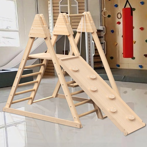 4-in-1 Juniper Indoor Play Gym - Jungle Gym Playset With Baby Swing, Slide, Ladder, And Climbing Wall - Foldable Wooden Playset - Indoor Jungle Gym For Kids - Enfance-Heureuse