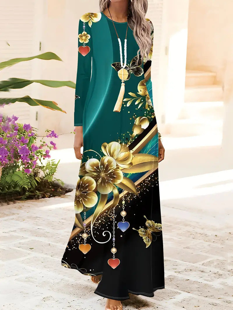 European And American Long Sleeve Artistic Retro Geometric Printed Round Neck Pullover Dress - Enfance-Heureuse