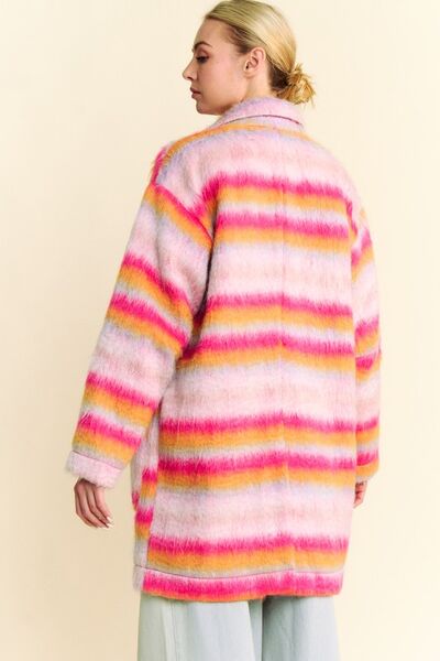 Davi & Dani Contrast Striped Open Front Coat with Pockets - Enfance-Heureuse