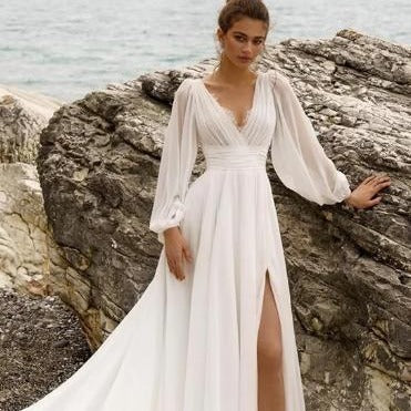 European And American High Waist Plus Size Deep V Long Sleeve Mopping Backless Wedding Dress High Slit - Enfance-Heureuse