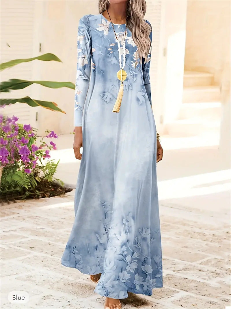 European And American Long Sleeve Artistic Retro Geometric Printed Round Neck Pullover Dress - Enfance-Heureuse