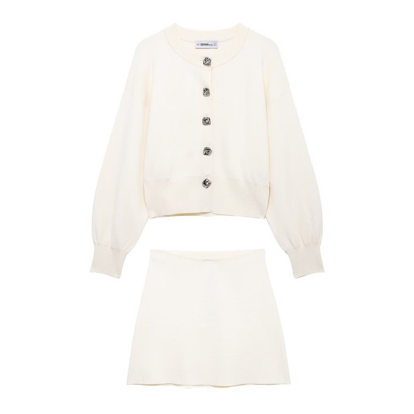 Flower Button Decoration Knitted Coat Short Mini Skirt Suit - Enfance-Heureuse