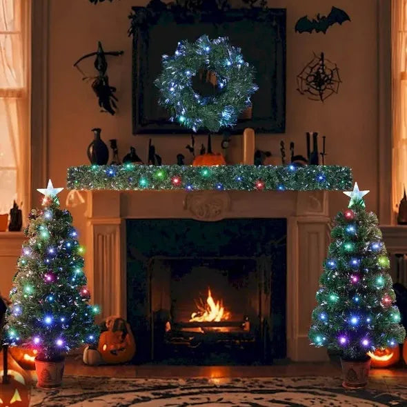 Pre-lit Optical Fiber Christmas Artificial Tree 4-Piece Set, Christmas Garland, Wreath And Set Of 2 Entrance Trees With Colorful Lights, PVC Festival Celebration Set - Enfance-Heureuse