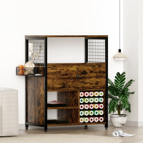 Craft Organization And Storage Cabinet Compatible With Cricut Machines, Crafting Cabinet With Drawer & 25 Vinyl Roll Holder, Craft Table Desk Workstation For Craft Room Home.Rustic Brown. - Enfance-Heureuse