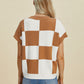 Double Take Full Size Checkered Round Neck Short Sleeve Sweater - Enfance-Heureuse