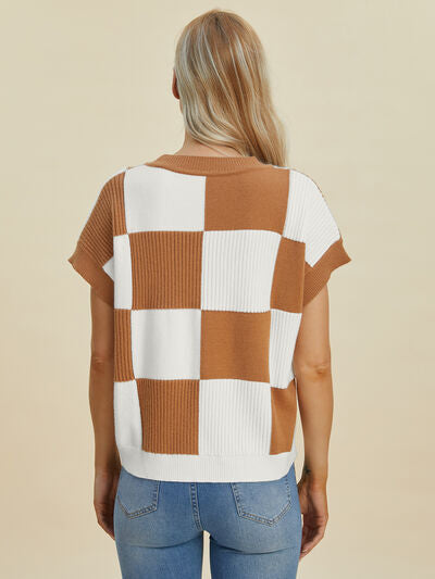 Double Take Full Size Checkered Round Neck Short Sleeve Sweater - Enfance-Heureuse