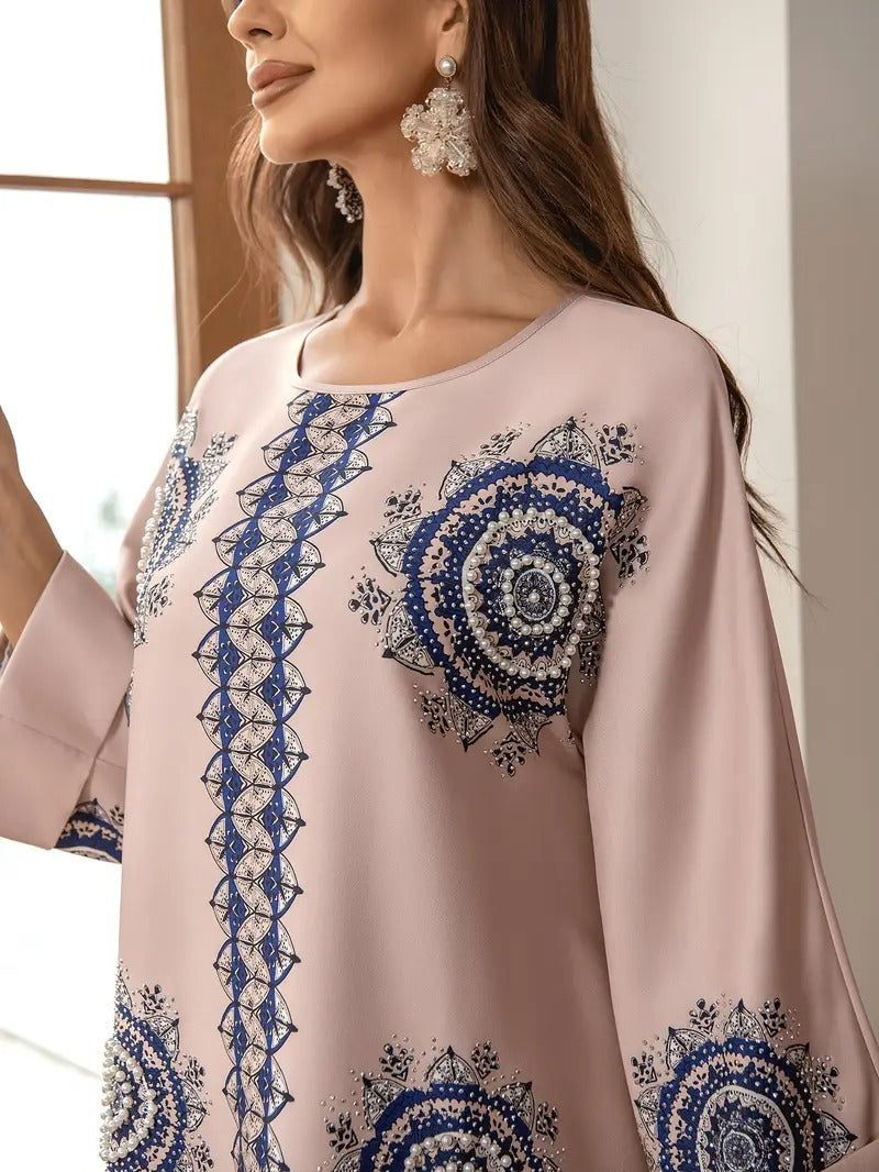 Long Women's Robe, Round Neck And Printed Dress - Enfance-Heureuse