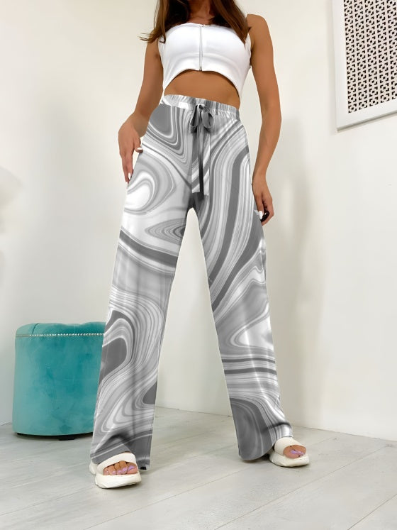 Ladies' Contrasting Printed Waist Strap Details, Loose Pleated Casual Style Wide Leg Pants - Enfance-Heureuse