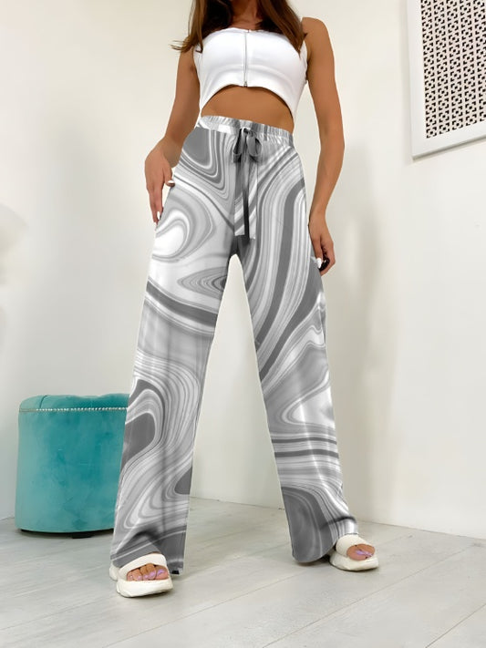 Ladies' Contrasting Printed Waist Strap Details, Loose Pleated Casual Style Wide Leg Pants - Enfance-Heureuse
