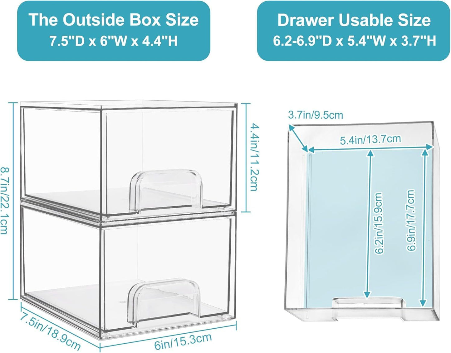 1 2 4 Pack Clear Stackable Storage Drawers, 11.2cm, 4.4in Tall Acrylic Bathroom Makeup Organizer,Plastic Storage Bins For Vanity, Undersink, Kitchen Cabinets, Pantry, Home Organization - Enfance-Heureuse