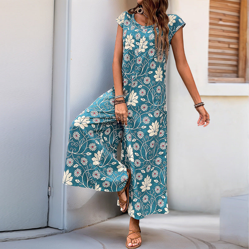 European And American Jumpsuit Printed Wide Leg Jumpsuit - Enfance-Heureuse