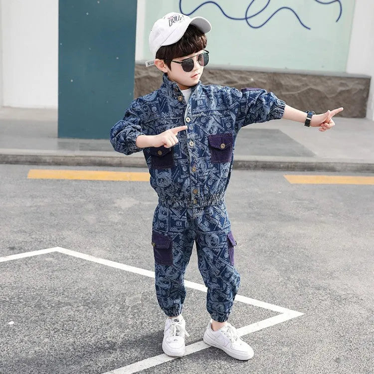 Fashion Simple Print Boy Denim Suit - Enfance-Heureuse