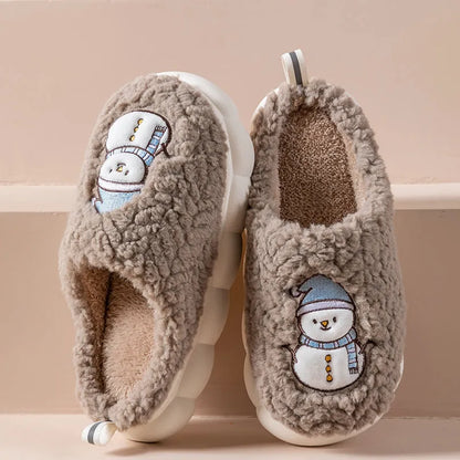 Pantoufles mignonnes de bonhomme de neige pour l'hiver, intérieur, en peluche chaude, à semelles épaisses, antidérapantes, pantoufle de maison, chaussures de maison - Enfance-Heureuse