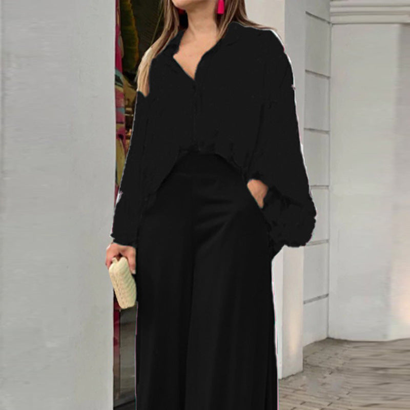 Women's Printed Shirt Wide Leg Pants Fashion Casual Set - Enfance-Heureuse