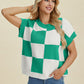 Double Take Full Size Checkered Round Neck Short Sleeve Sweater - Enfance-Heureuse