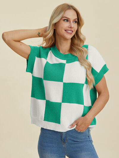 Double Take Full Size Checkered Round Neck Short Sleeve Sweater - Enfance-Heureuse