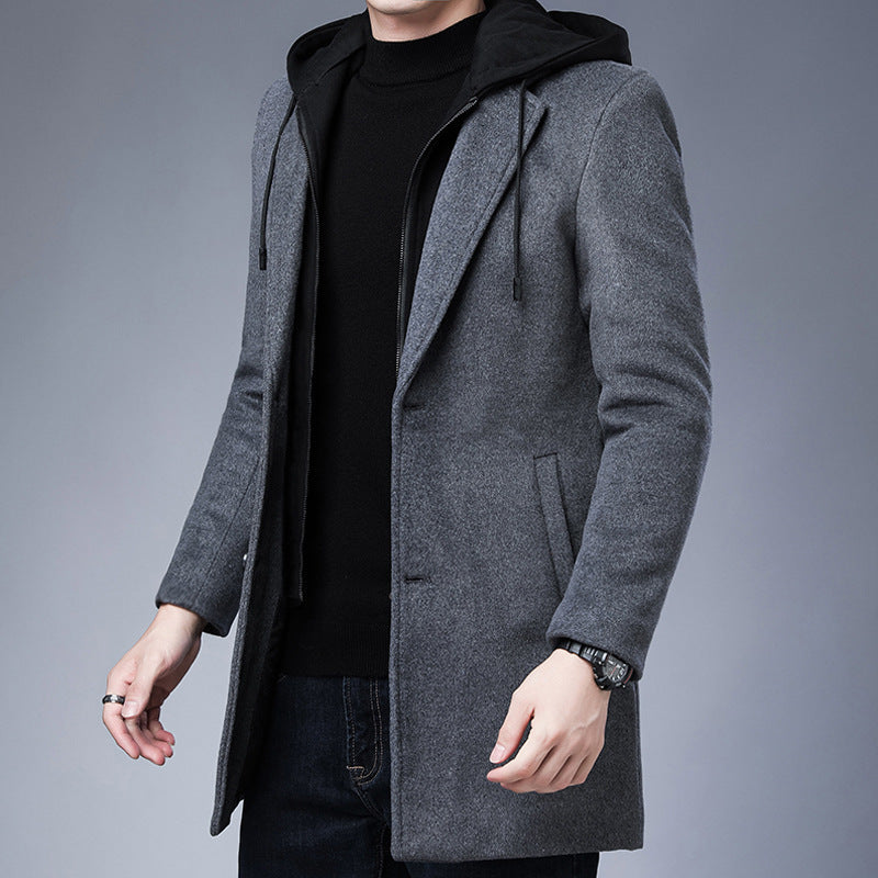 Mens Detachable Hooded Woolen Winter Coat Jacket Mid-Length Single Breasted - Enfance-Heureuse