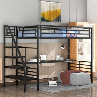 Metal Loft Bed Frame With Desk, No Box Spring Needed,Twin ,Black - Enfance-Heureuse