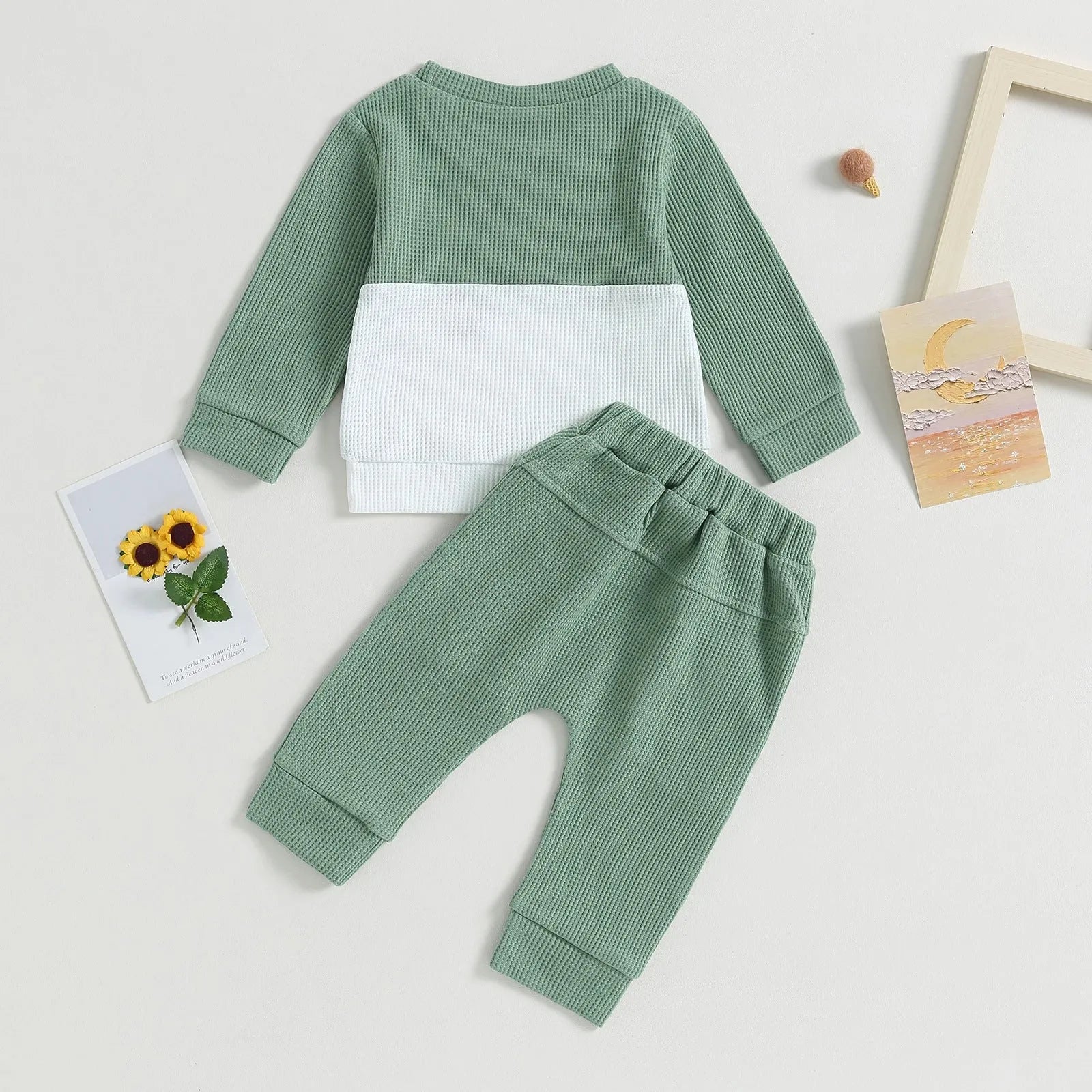 Color Matching Pocket Waffle Sweater Lace-up Sweatpants 2-Piece Children's Fashion Casual Wear Baby Suit - Enfance-Heureuse