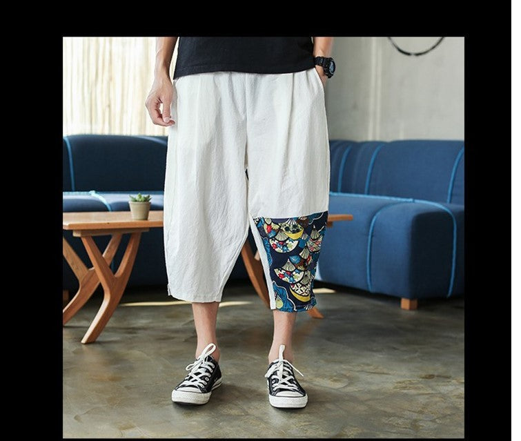 Sinicism Shop Mens Cotton Linen Harem Pants Male Casual Red Bottom Calf-Length Pants Man Summer Harajuku Baggy Loose Pants - Enfance-Heureuse