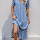 Perfee Decorative Button Notched Short Sleeve Midi Dress