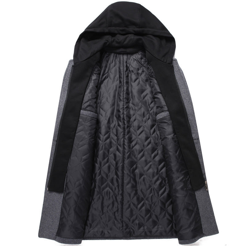 Mens Detachable Hooded Woolen Winter Coat Jacket Mid-Length Single Breasted - Enfance-Heureuse
