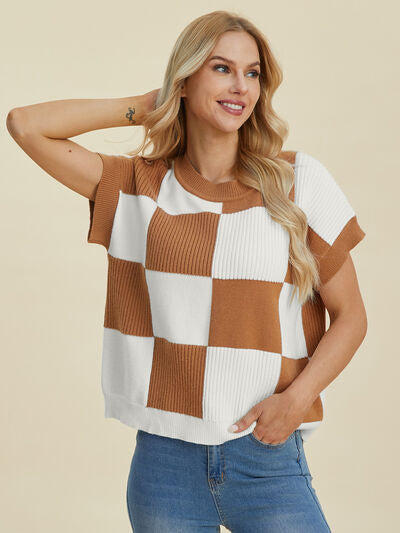 Double Take Full Size Checkered Round Neck Short Sleeve Sweater - Enfance-Heureuse