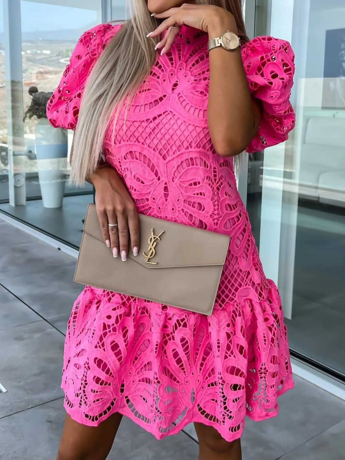 Lace Mock Neck Puff Sleeve Dress - Enfance-Heureuse