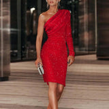 Silver One Shoulder Sequin Formal Dress - Enfance-Heureuse