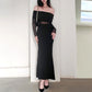 Women's Winter Sexy Off-the-shoulder Pleated Long Sleeve Polyester Dress - Enfance-Heureuse