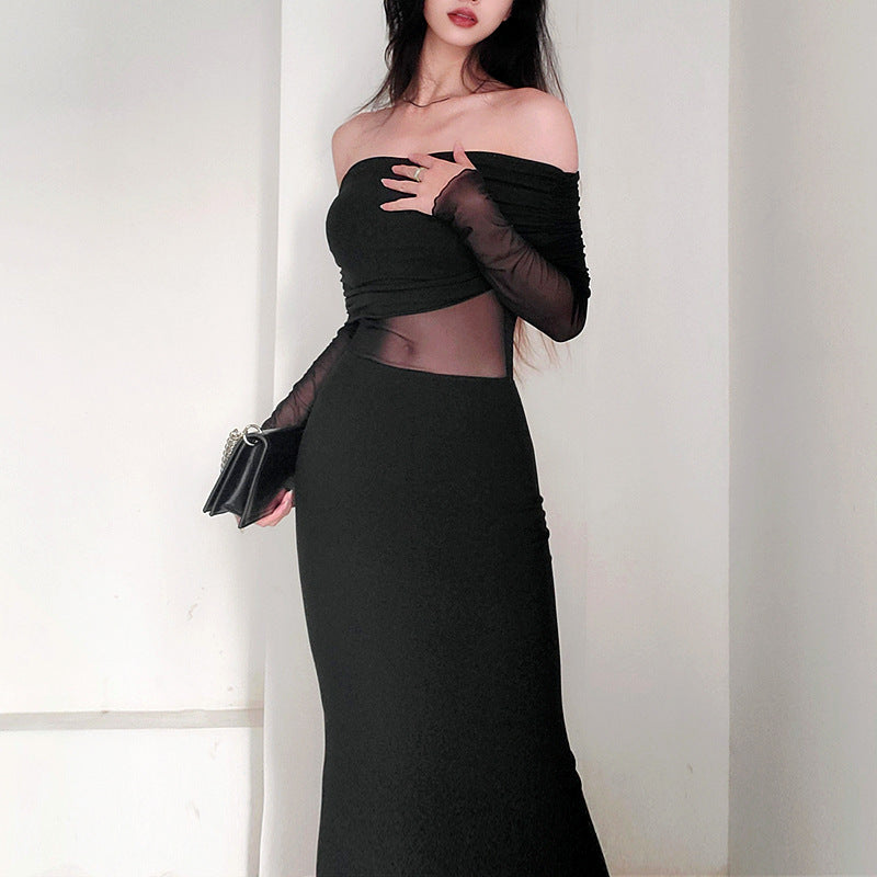 Women's Winter Sexy Off-the-shoulder Pleated Long Sleeve Polyester Dress - Enfance-Heureuse